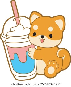 Cachorro bonito kawaii cão adorável ícone do vetor animal. Adesivos de estimação Fluffy Shiba Inu. Ilustrações de atividades de cachorro feliz.
Shiba Inu traz um milkshake