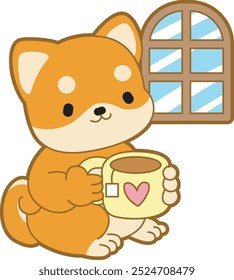 Cute puppy kawaii dog lovely animal vector icon. Fluffy Shiba Inu pet stickers. Happy doggy activities illustrations.
Shiba Inu relaxing with hot tea