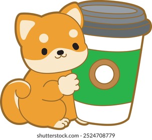 Cute puppy kawaii dog lovely animal vector icon. Fluffy Shiba Inu pet stickers. Happy doggy activities illustrations.
Shiba Inu bring a cup of coffee