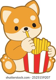 Cute puppy kawaii dog lovely animal vector icon. Fluffy Shiba Inu pet stickers. Happy doggy activities illustrations.
Shiba Inu eating a popcorn