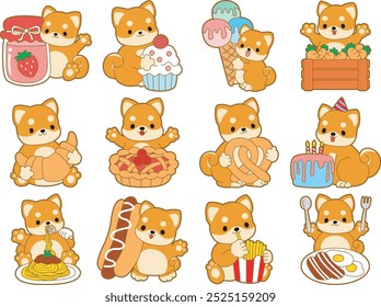 Cute puppy kawaii dog lovely animal vector icon. Fluffy Shiba Inu pet stickers. Happy doggy activities illustrations.
Variation food of shiba inu elements