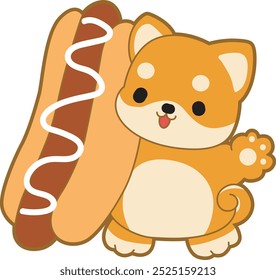 Cute puppy kawaii dog lovely animal vector icon. Fluffy Shiba Inu pet stickers. Happy doggy activities illustrations.
Shiba Inu bring a big hot dog with mayo