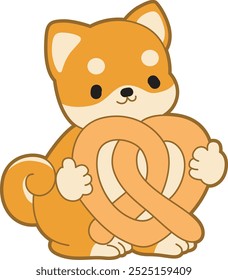 Cute puppy kawaii dog lovely animal vector icon. Fluffy Shiba Inu pet stickers. Happy doggy activities illustrations.
Shiba Inu bring a pretzel