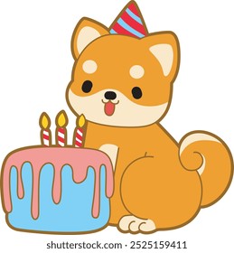 Lindo cachorro kawaii perro encantador icono de Vector animal. Fluffy Shiba Inu pegatinas para mascotas. Ilustraciones de actividades de perrito feliz.
Tarta de cumpleaños con Shiba Inu