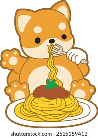 Lindo cachorro kawaii perro encantador icono de Vector animal. Fluffy Shiba Inu pegatinas para mascotas. Ilustraciones de actividades de perrito feliz.
Shiba Inu comiendo un espagueti