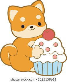 Cute puppy kawaii dog lovely animal vector icon. Fluffy Shiba Inu pet stickers. Happy doggy activities illustrations.
Shiba Inu bring a cupcake