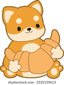 Lindo cachorro kawaii perro encantador icono de Vector animal. Fluffy Shiba Inu pegatinas para mascotas. Ilustraciones de actividades de perrito feliz.
Shiba Inu trae un pan