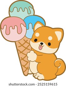 Cute puppy kawaii dog lovely animal vector icon. Fluffy Shiba Inu pet stickers. Happy doggy activities illustrations.
Shiba Inu bring a three scoop of ice cream