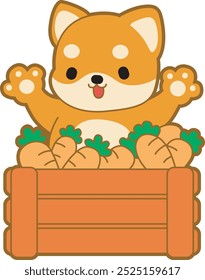 Lindo cachorro kawaii perro encantador icono de Vector animal. Fluffy Shiba Inu pegatinas para mascotas. Ilustraciones de actividades de perrito feliz.
Shiba Inu con un cubo de zanahoria