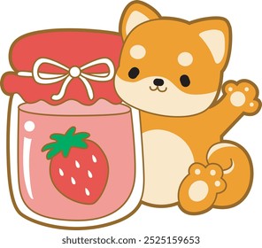 Cute puppy kawaii dog lovely animal vector icon. Fluffy Shiba Inu pet stickers. Happy doggy activities illustrations.
Shiba Inu bring a big strawberry jam