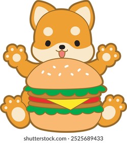 Cute puppy kawaii dog lovely animal vector icon. Fluffy Shiba Inu pet stickers. Happy doggy activities illustrations.
Shiba Inu with big burger