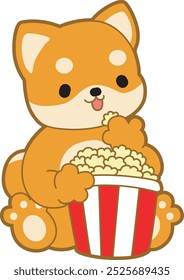 Cute puppy kawaii dog lovely animal vector icon. Fluffy Shiba Inu pet stickers. Happy doggy activities illustrations.
Shiba Inu bring a popcorn