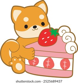 Lindo cachorro kawaii perro encantador icono de Vector animal. Fluffy Shiba Inu pegatinas para mascotas. Ilustraciones de actividades de perrito feliz.
Shiba Inu trae un pastel de fresa dulce