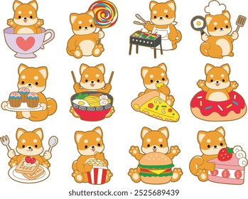 Cachorro bonito kawaii cão adorável ícone do vetor animal. Adesivos de estimação Fluffy Shiba Inu. Ilustrações de atividades de cachorro feliz.
Comida de variação culinária de rua de shiba inu