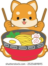 Lindo cachorro kawaii perro encantador icono de Vector animal. Fluffy Shiba Inu pegatinas para mascotas. Ilustraciones de actividades de perrito feliz.
Shiba Inu quiere comer ramen