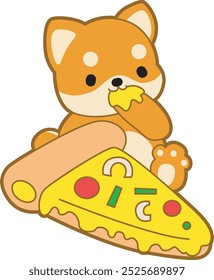 Cute puppy kawaii dog lovely animal vector icon. Fluffy Shiba Inu pet stickers. Happy doggy activities illustrations.
Shiba Inu bring a big pizza