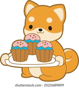 Cute puppy kawaii dog lovely animal vector icon. Fluffy Shiba Inu pet stickers. Happy doggy activities illustrations.
Shiba Inu bring a three cupcakes