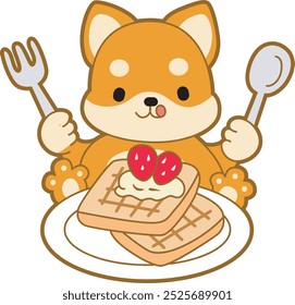 Cute puppy kawaii dog lovely animal vector icon. Fluffy Shiba Inu pet stickers. Happy doggy activities illustrations.
Shiba Inu want to breakfast with strawberry bread