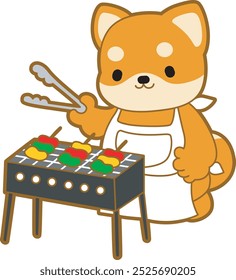 Cute puppy kawaii dog lovely animal vector icon. Fluffy Shiba Inu pet stickers. Happy doggy activities illustrations.
Shiba Inu cooking a barbecue or BBQ