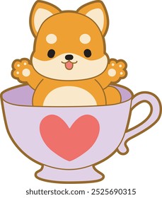 Cute puppy kawaii dog lovely animal vector icon. Fluffy Shiba Inu pet stickers. Happy doggy activities illustrations.
Shiba Inu in the middle of cup