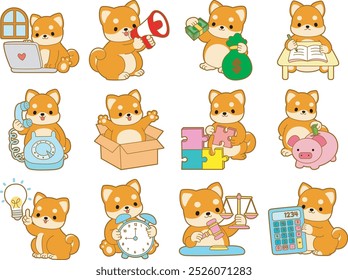 
Cute puppy kawaii dog lovely animal vector icon. Fluffy Shiba Inu pet stickers. Happy doggy activities illustrations.
Variation of school and smart of shiba inu.