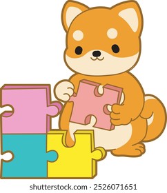 
Cute puppy kawaii dog lovely animal vector icon. Fluffy Shiba Inu pet stickers. Happy doggy activities illustrations.
Shiba Inu playing a puzzle