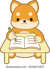 
Cute puppy kawaii dog lovely animal vector icon. Fluffy Shiba Inu pet stickers. Happy doggy activities illustrations.
Shiba Inu studying in the table