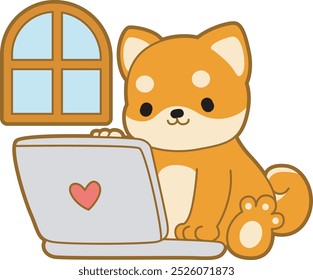 
Cute puppy kawaii dog lovely animal vector icon. Fluffy Shiba Inu pet stickers. Happy doggy activities illustrations.
Shiba Inu typing in the notepad