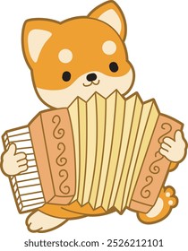 Cute puppy kawaii dog lovely animal vector icon. Fluffy Shiba Inu pet stickers. Happy doggy activities illustrations.
Shiba Inu playing an accordion