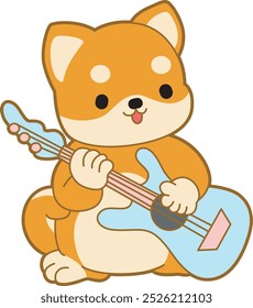 Cute puppy kawaii dog lovely animal vector icon. Fluffy Shiba Inu pet stickers. Happy doggy activities illustrations.
Shiba Inu playing a guitar