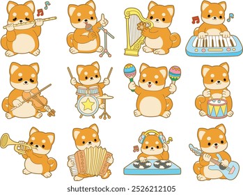 Lindo cachorro kawaii perro encantador icono de Vector animal. Fluffy Shiba Inu pegatinas para mascotas. Ilustraciones de actividades de perrito feliz.
Shibanu en la variación del instrumento