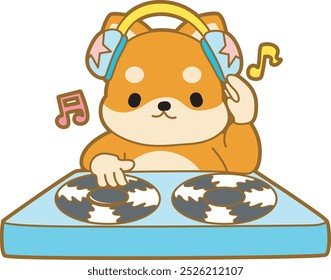 Lindo cachorro kawaii perro encantador icono de Vector animal. Fluffy Shiba Inu pegatinas para mascotas. Ilustraciones de actividades de perrito feliz.
Shiba Inu jugando como DJ en el club