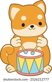 Lindo cachorro kawaii perro encantador icono de Vector animal. Fluffy Shiba Inu pegatinas para mascotas. Ilustraciones de actividades de perrito feliz.
Shiba Inu tocando un tambor en el festival