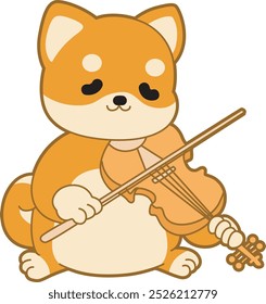 Cute puppy kawaii dog lovely animal vector icon. Fluffy Shiba Inu pet stickers. Happy doggy activities illustrations.
Shiba Inu playing a violin