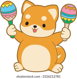 Cute puppy kawaii dog lovely animal vector icon. Fluffy Shiba Inu pet stickers. Happy doggy activities illustrations.
Shiba Inu playing a maracas