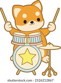 Cute puppy kawaii dog lovely animal vector icon. Fluffy Shiba Inu pet stickers. Happy doggy activities illustrations.
Shiba Inu playing a drum