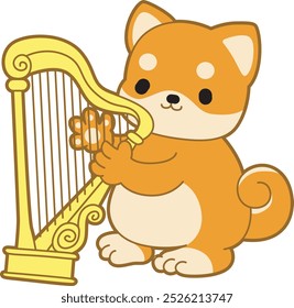 Cachorro bonito kawaii cão adorável ícone do vetor animal. Adesivos de estimação Fluffy Shiba Inu. Ilustrações de atividades de cachorro feliz.
Shiba Inu tocando uma harpa