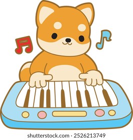 Cute puppy kawaii dog lovely animal vector icon. Fluffy Shiba Inu pet stickers. Happy doggy activities illustrations.
Shiba Inu playing a piano