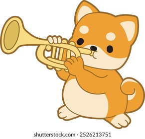 Cachorro bonito kawaii cão adorável ícone do vetor animal. Adesivos de estimação Fluffy Shiba Inu. Ilustrações de atividades de cachorro feliz.
Shiba Inu tocando trompete