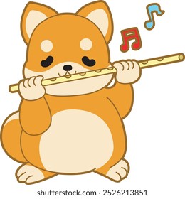 Cute puppy kawaii dog lovely animal vector icon. Fluffy Shiba Inu pet stickers. Happy doggy activities illustrations.
Shiba Inu playing a flute