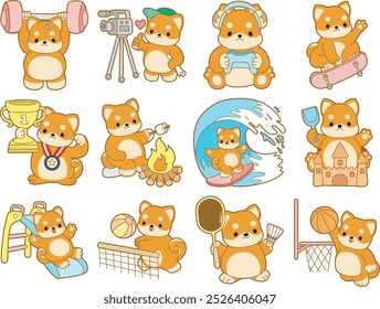 Cute puppy kawaii dog lovely animal vector icon. Fluffy Shiba Inu pet stickers. Happy doggy activities illustrations.
Shiba Inu in the variation of sports and move.