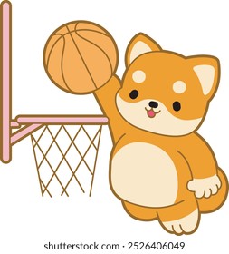 Cute puppy kawaii dog lovely animal vector icon. Fluffy Shiba Inu pet stickers. Happy doggy activities illustrations.
Shiba Inu playing a basketball
