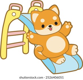 Cute puppy kawaii dog lovely animal vector icon. Fluffy Shiba Inu pet stickers. Happy doggy activities illustrations.
Shiba Inu playing a sliding