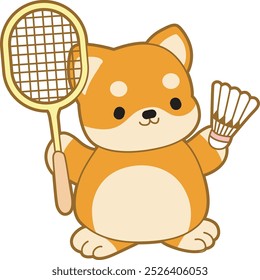 Cute puppy kawaii dog lovely animal vector icon. Fluffy Shiba Inu pet stickers. Happy doggy activities illustrations.
Shiba Inu playing a badminton