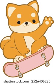 Cute puppy kawaii dog lovely animal vector icon. Fluffy Shiba Inu pet stickers. Happy doggy activities illustrations.
Shiba Inu playing a skateboard