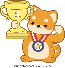 Cute puppy kawaii dog lovely animal vector icon. Fluffy Shiba Inu pet stickers. Happy doggy activities illustrations.
Shiba Inu is the winner with cup and medal