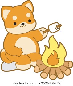 Cute puppy kawaii dog lovely animal vector icon. Fluffy Shiba Inu pet stickers. Happy doggy activities illustrations.
Shiba Inu cooking a marshmallow in the bonfire