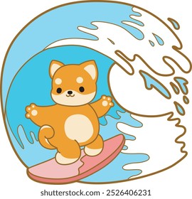 Lindo cachorro kawaii perro encantador icono de Vector animal. Fluffy Shiba Inu pegatinas para mascotas. Ilustraciones de actividades de perrito feliz.
Shiba Inu practicando surf