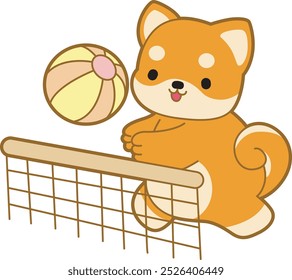 Cute puppy kawaii dog lovely animal vector icon. Fluffy Shiba Inu pet stickers. Happy doggy activities illustrations.
Shiba Inu playing a volley ball