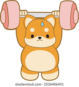 Cute puppy kawaii dog lovely animal vector icon. Fluffy Shiba Inu pet stickers. Happy doggy activities illustrations.
Shiba Inu lifting a barbell